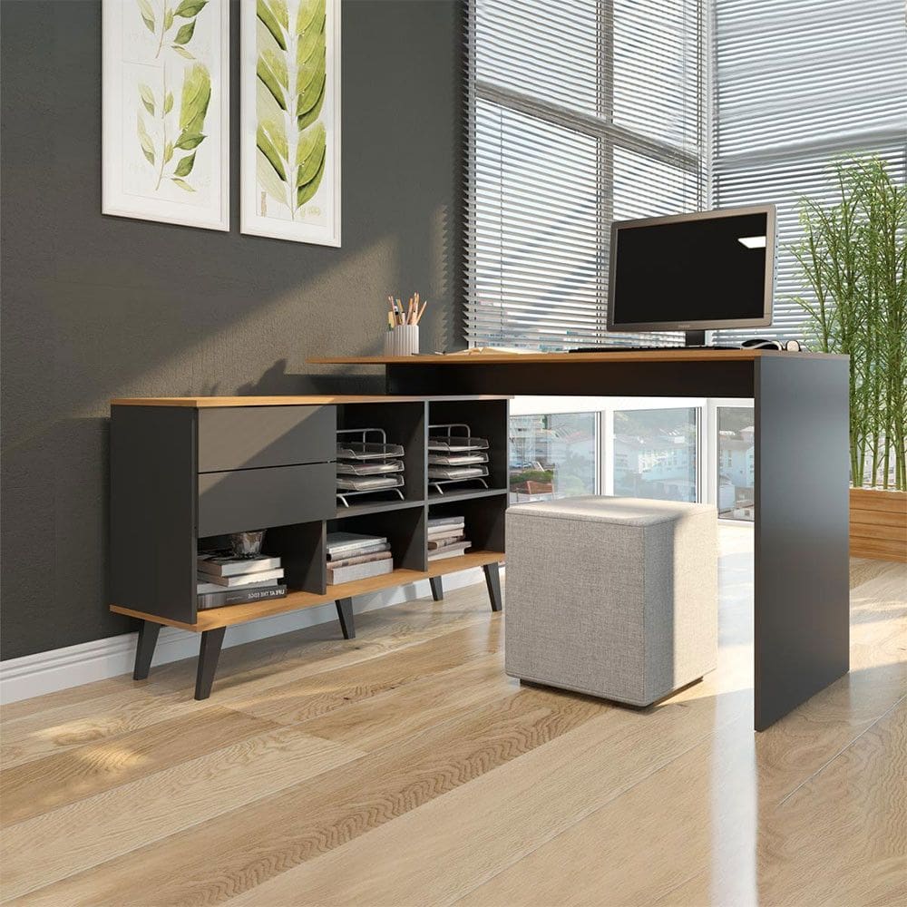 Mesa Escrivaninha em L com Estante 128-145x76cm 2 Gavetas MDP Carvalho Cinza Menu Móveis