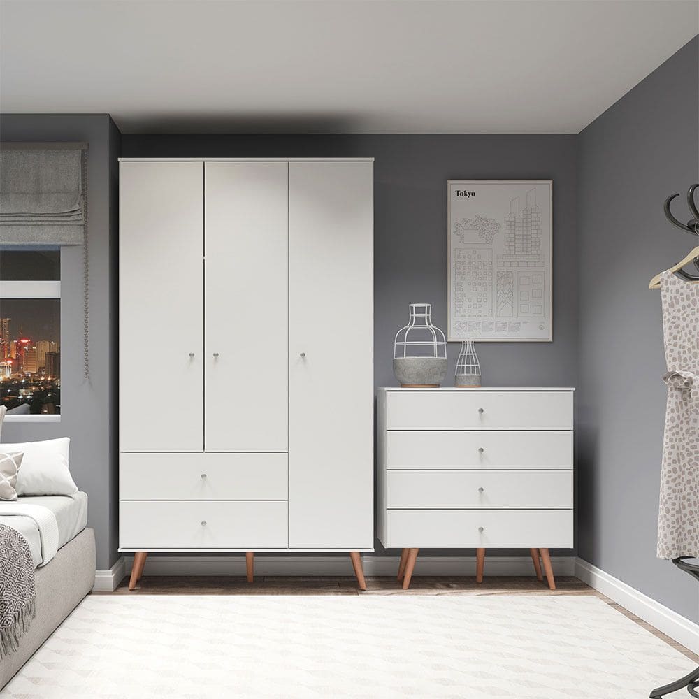 Kit Completo para Quarto Guarda-Roupa e Cômoda Retrô MDP Branco Menu Móveis