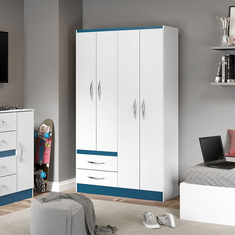 Guarda-Roupa Infantil com 4 Portas 2 Gavetas 105x179cm MDP Branco Azul Menu Móveis
