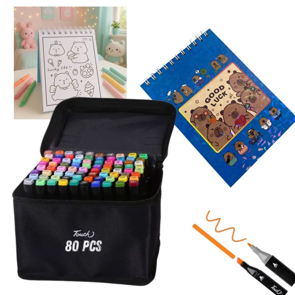 Canetinha 80 Cores Livro Pintar Capivara Fofa 50 Folhas Estojo Caneta Pintura Hobbie Lazer Relaxante