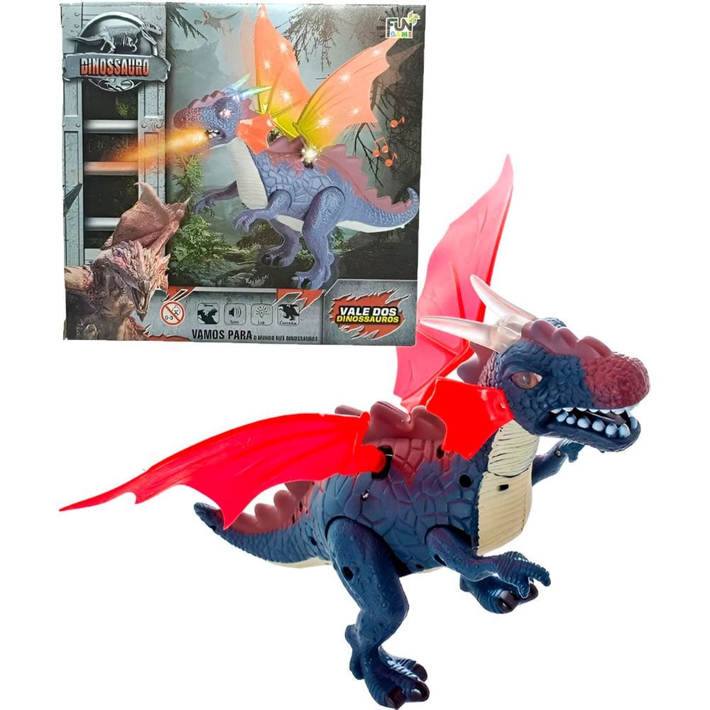 Boneco Dragão Brinquedo Anda Sons LED Luzes Bate Asas 38cm