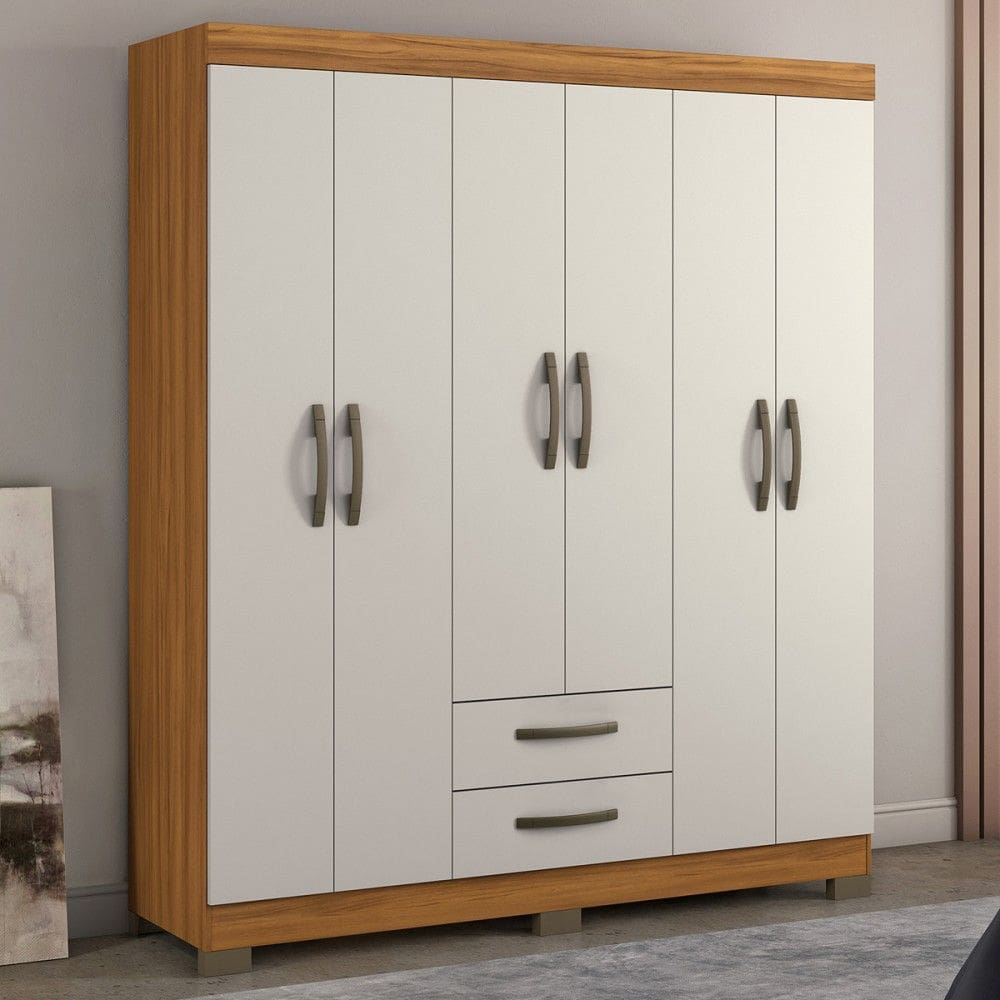 Guarda-Roupa Casal Estelar 6 Portas 2 Gavetas Freijó Trend/Off White - Pnr Móveis