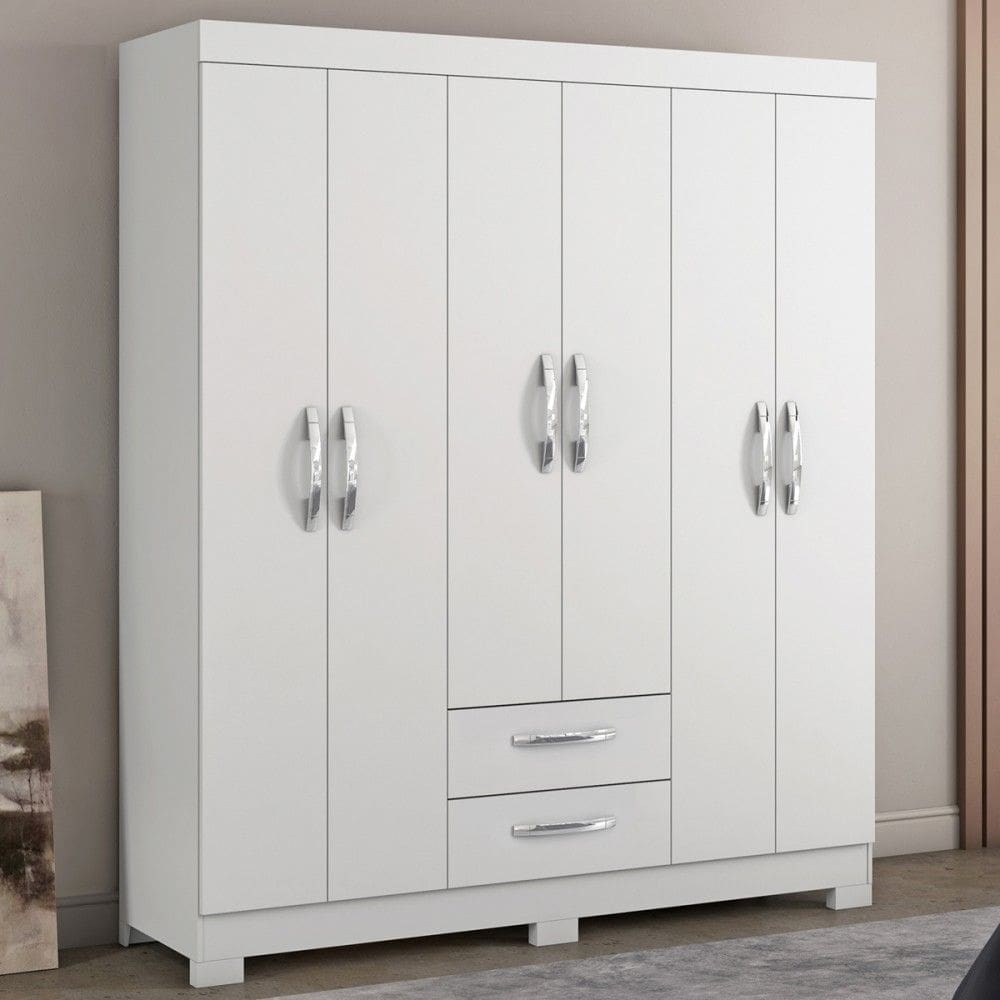 Guarda-Roupa Casal Estelar 6 Portas 2 Gavetas Branco New/Rosa - Pnr Móveis