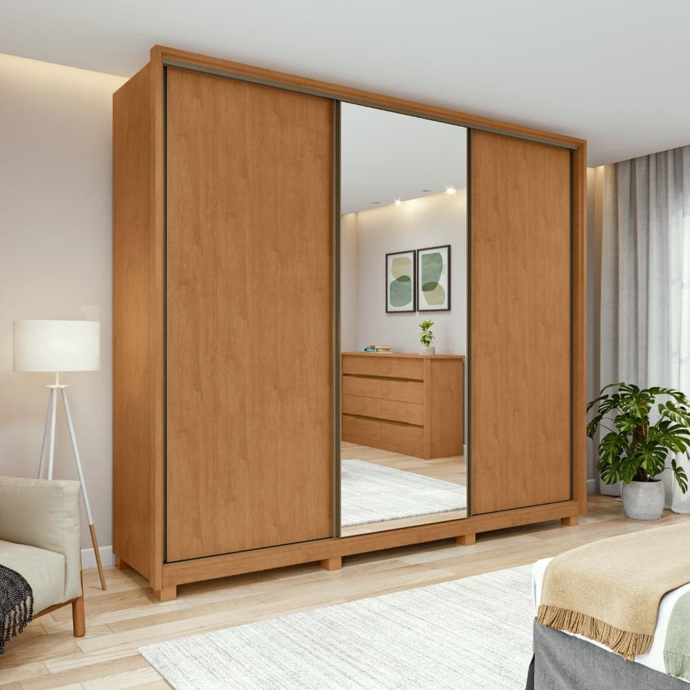Guarda-Roupa Casal 100% MDF 3 Portas 6 Gavetas Vitta 2,70 Glass e Pés Amendoa/off White