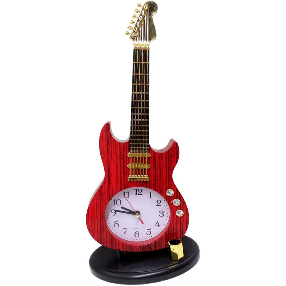 Relógio Decoração Mesa Estilo Guitarra Porta Caneta Vintage