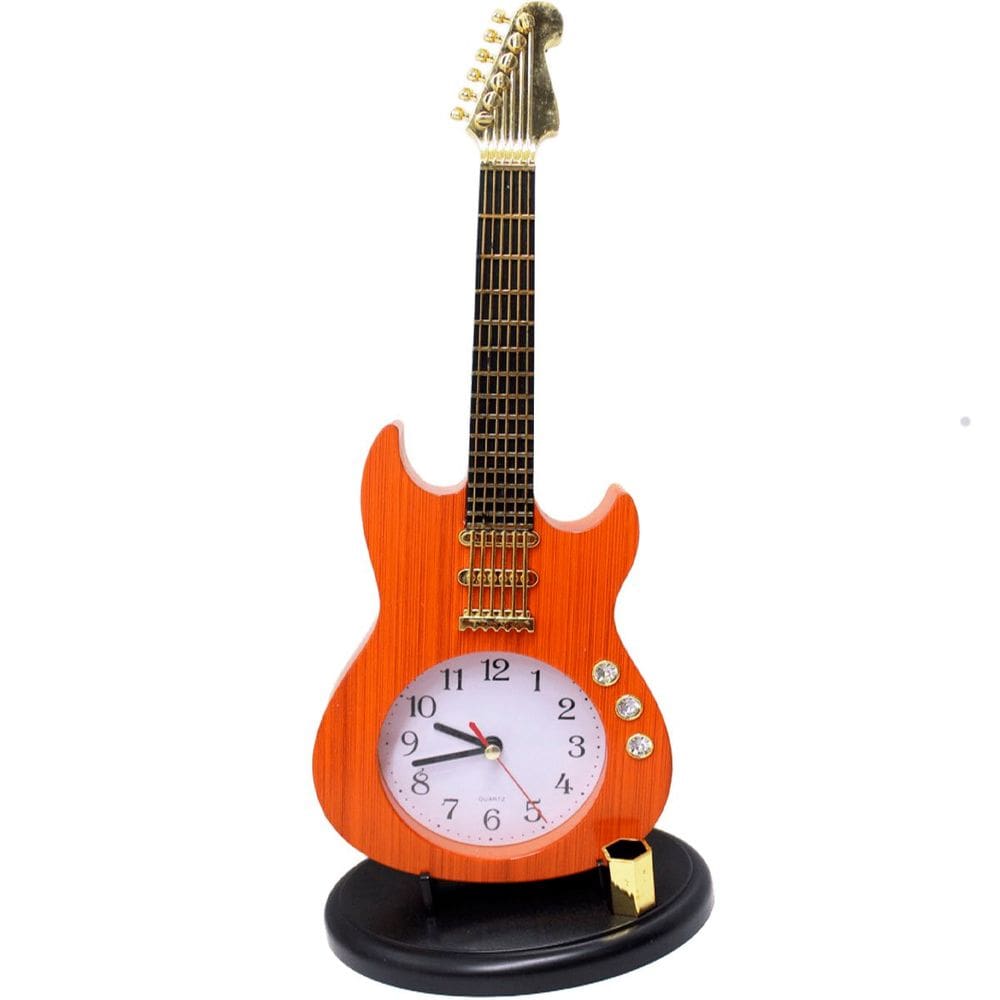 Relógio Estilo Guitarra Porta Caneta Decoração Mesa Vintage