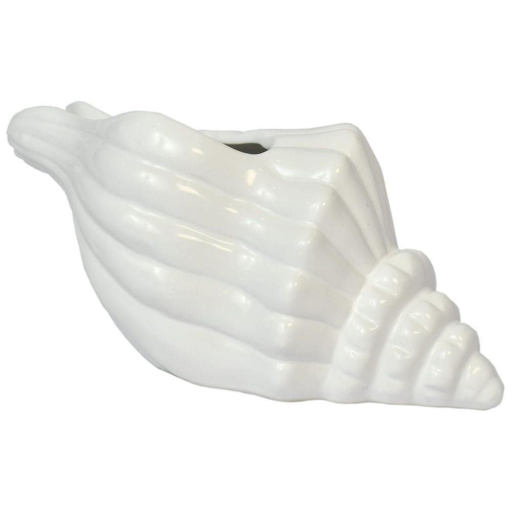 Vaso Decorativo Flores Cerâmica Concha Espiral Branco Oceano