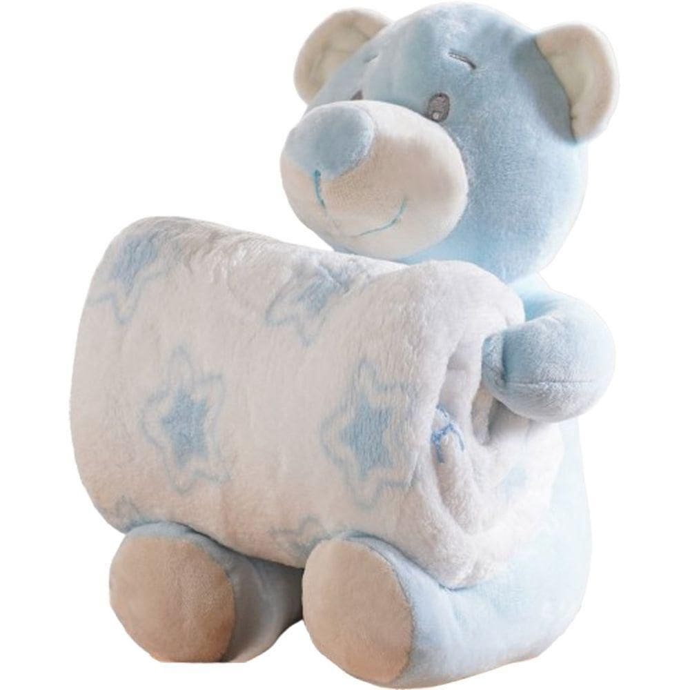 Bichinho De Pelúcia Carinhoso New Com Manta Bebê 100x75cm Ursinho Azul
