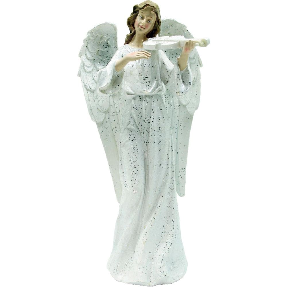 Anjo Decorativo Musico Violinista Branco Resina Enfeite 38cm