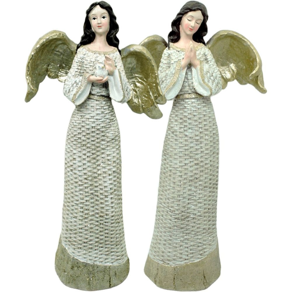 Dupla Anjos Decoração Em Resina Natal Glitter Branco De 38cm