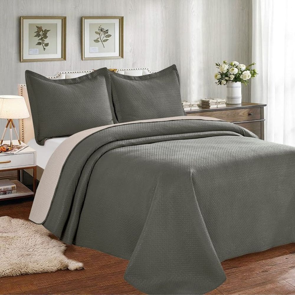 Colcha Cobre Leito King Poliéster Dupla Face 3pcs Cinza