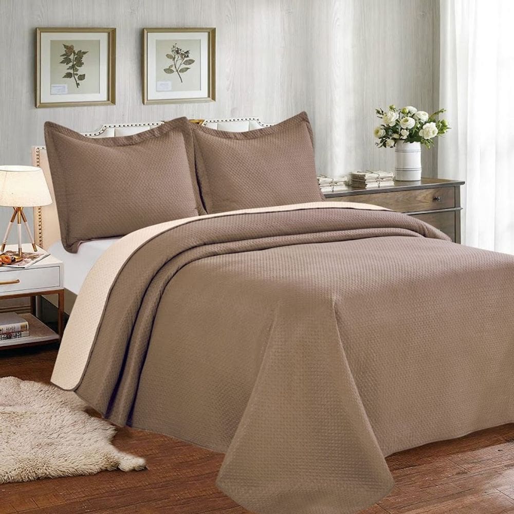 Colcha Cobre Leito Casal Poliéster Dupla Face 3pcs Marrom