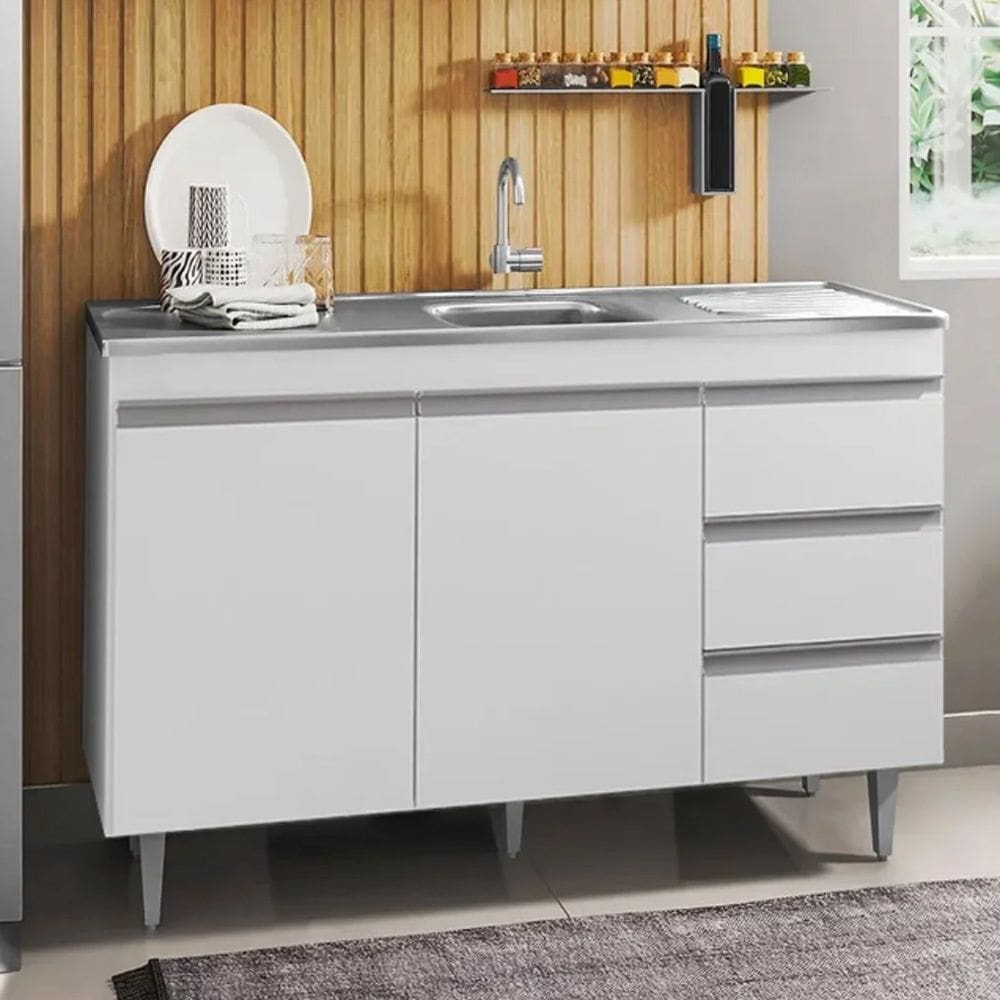 Balcão Andréia com Pia e Cuba GhelPlus 120cm Branco AJL Móveis