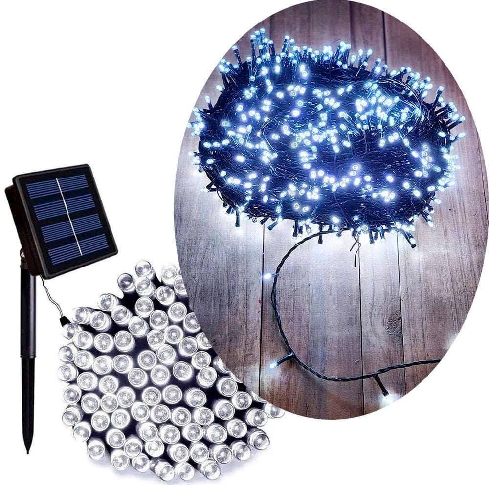 Pisca Cordão 300 Lâmpadas Solar LEDs Branco De Natal De 30m