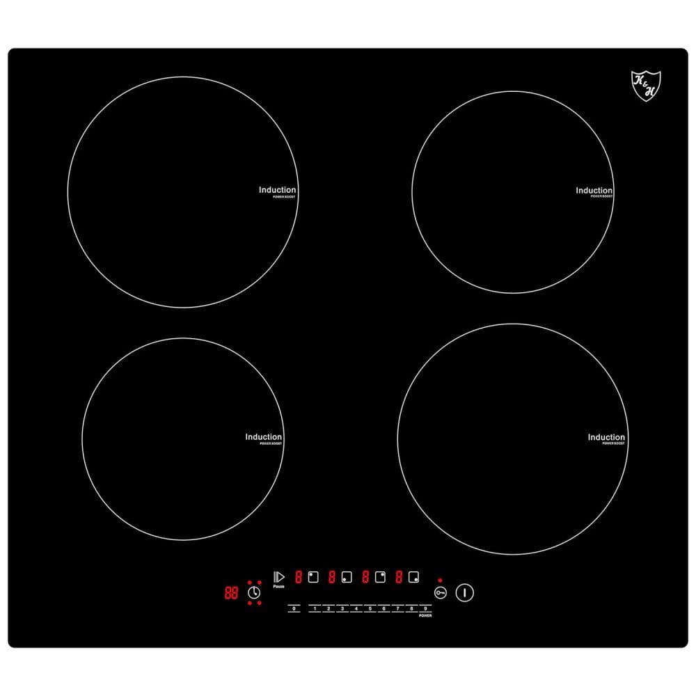Cooktop Elétrico de Indução para Embutir 24" 60cm, com 4 Queimadores e Controle Digital, 220V 6000W, K&H IN24 6004, Preto
