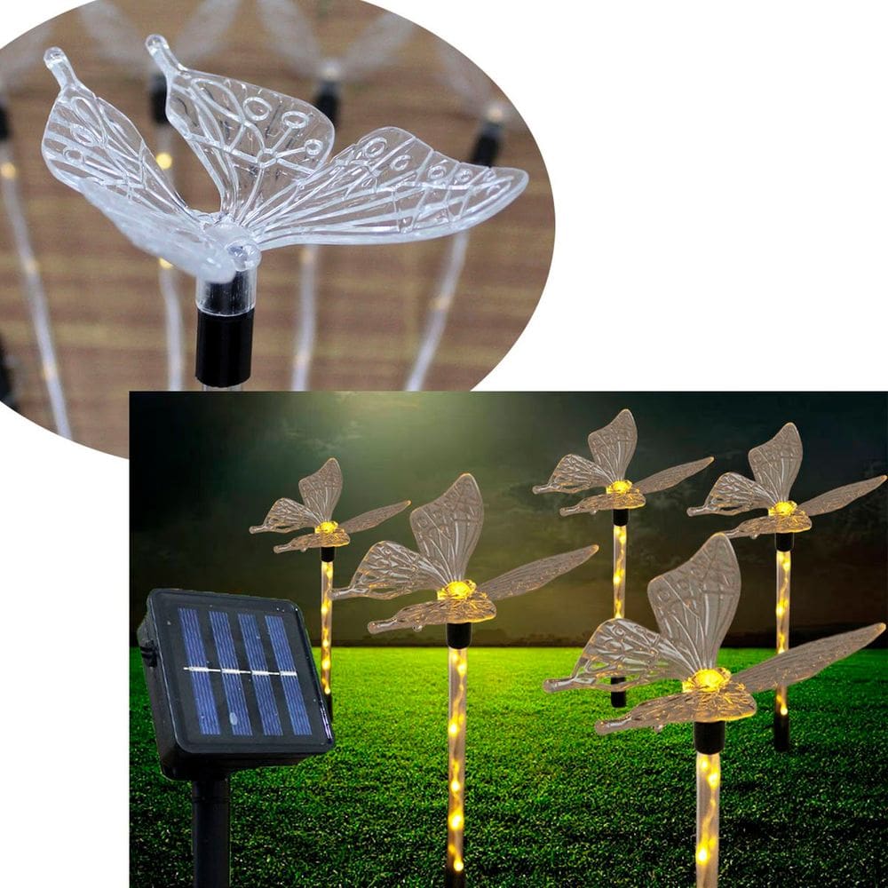 Pisca Solar Enfeite Borboleta LEDs Amarelo Jardim Natal 2,5m