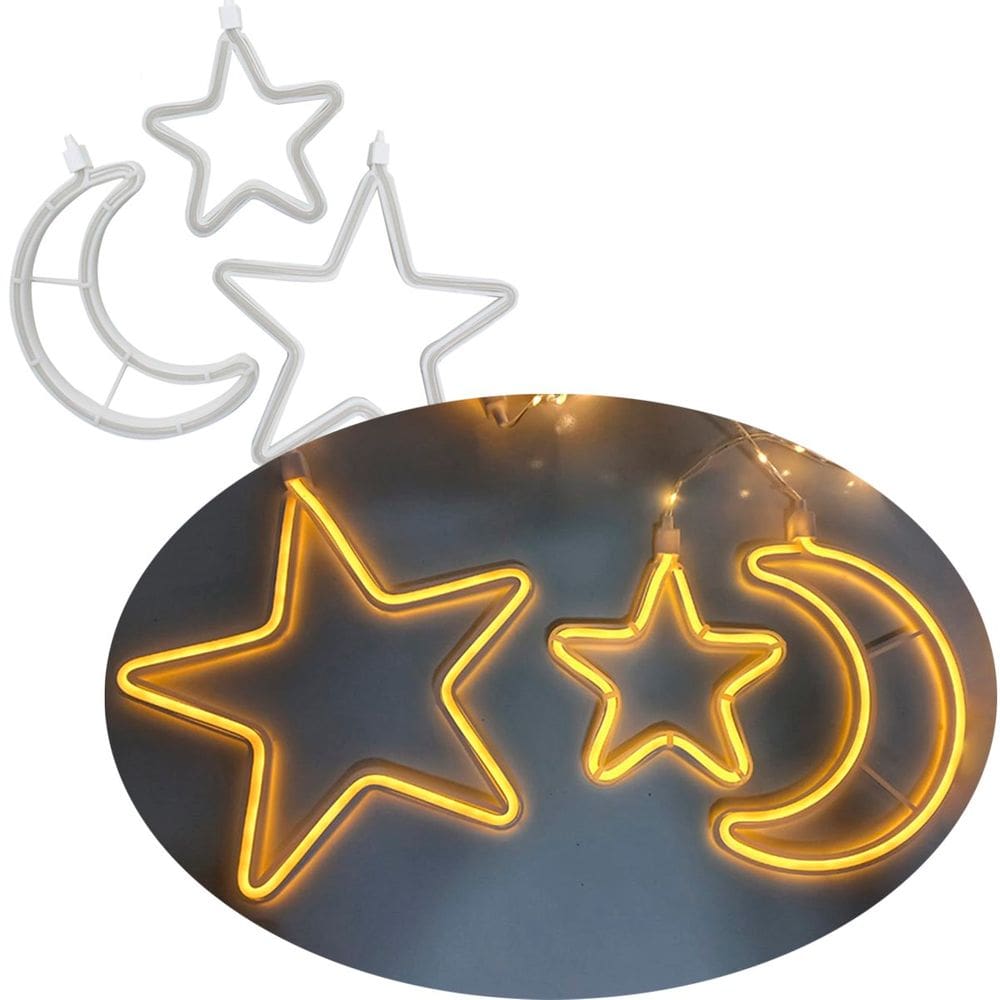 Pisca Cortina Varal LEDs Amarela Estrelas Luas Natal De 2,5M