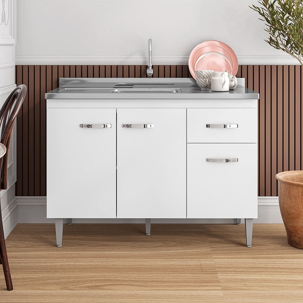 Balcão Gabriela com Pia e Cuba GhelPlus 120cm Branco AJL Móveis
