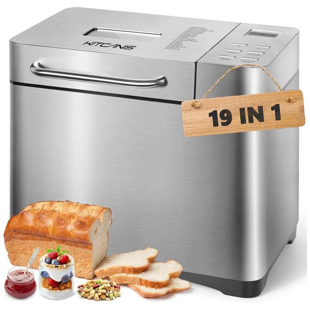 Panificadora 19 em 1 em Aço Inoxidável com Dispensador Automático, Panela de Cerâmica Antiaderente e Painel Digital LCD, 720W, Kitcanis,