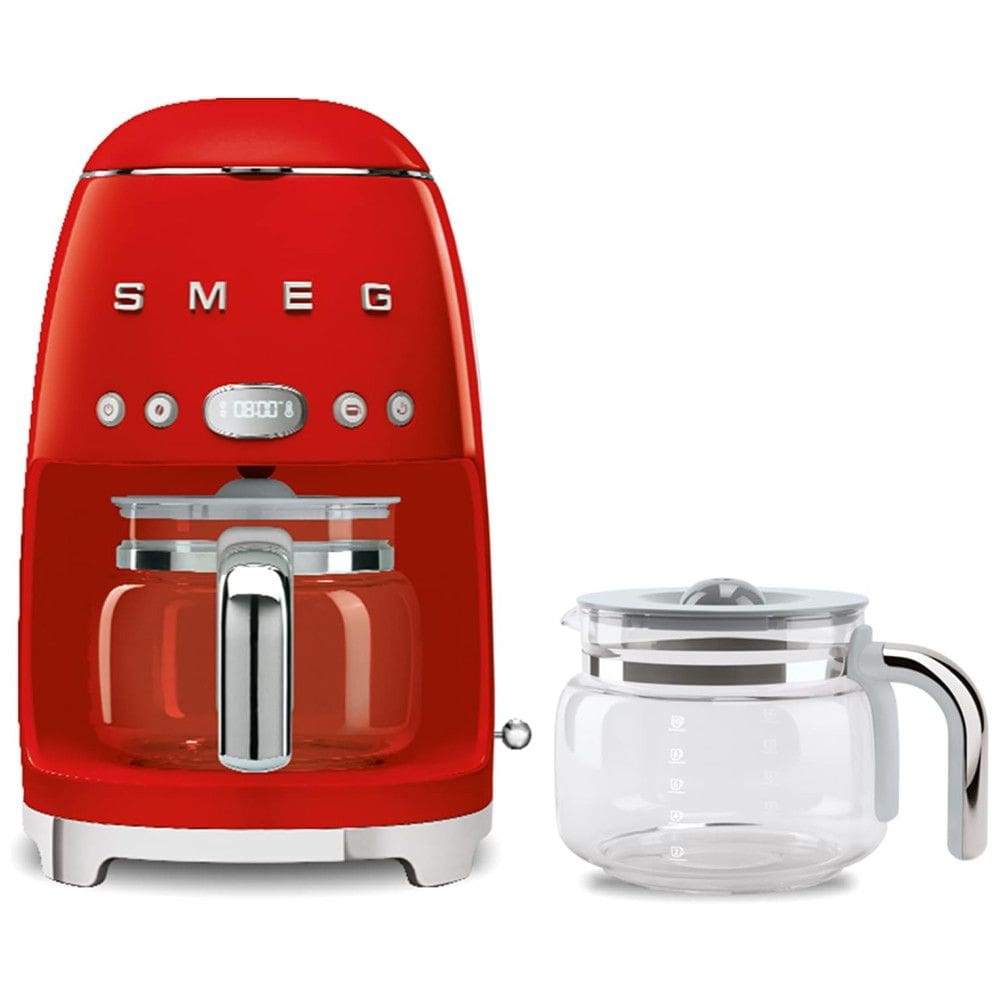 Cafeteira SMEG DCF02 - 10 Xícaras, Programação Automática, Manter Quente, Design Retrô 1950, Vermelha, Jarra Vidro Extra DCFC01