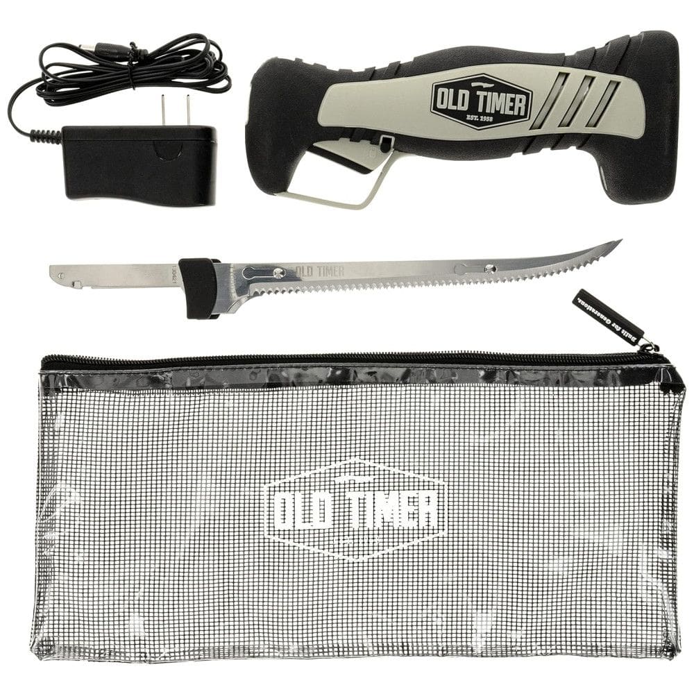 Faca Elétrica Sem Fio Old Timer com Lâmina de 20 cm em Aço Inox, Trava, Bateria Recarregável e Estojo Auto-Drenante para Pesca e Carne