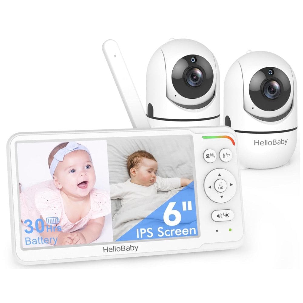 Monitor de Bebê HelloBaby, Tela Dividida IPS de 15,24 cm, 2 Câmeras, 30h de Bateria, Visão Noturna, Controle de Pan/Tilt, 304,8m, Monitor