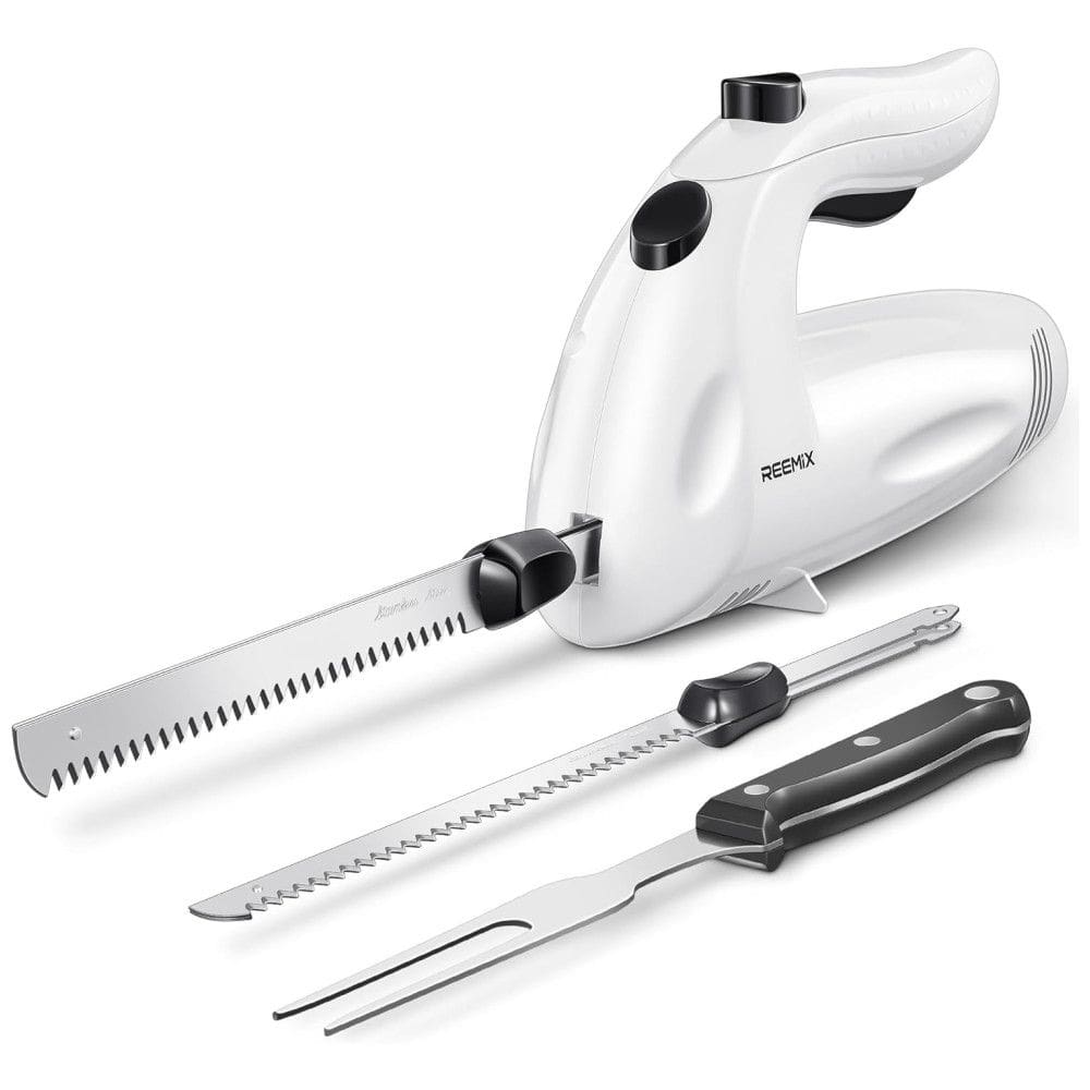 Conjunto de Facas Elétricas Reemix Potentes 150W com Garfo e 2 Lâminas - Ideal para Cortar Carnes, Aves e Pães - Branco