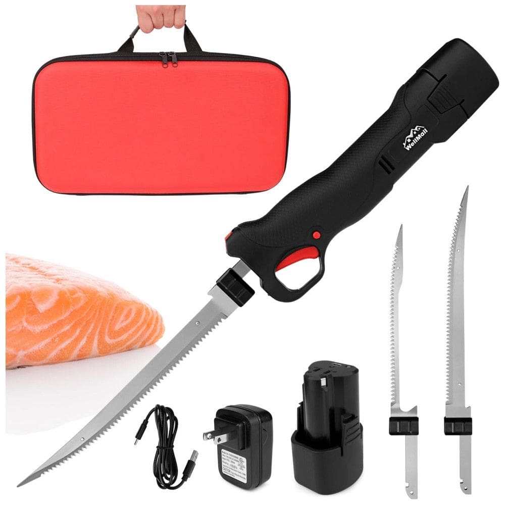 Faca Elétrica Sem Fio para Filé de Peixe com 2 Lâminas de Aço Inoxidável, Cabo Antiderrapante e Travamento de Segurança,WellMall