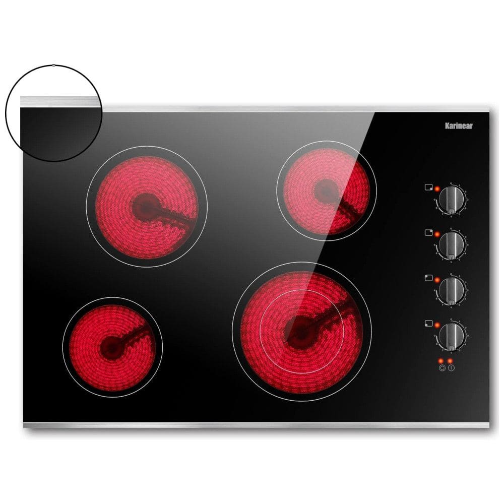 Cooktop Elétrico Karinear 76 cm 4 Bocas, Controle por Botão, Cooktop Cerâmico Embutido com Proteção de Vidro e Moldura de Metal, Indicador