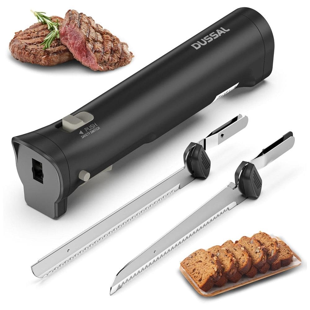 Faca Elétrica Sem Fio D DUSSAL, para Pães com 4 Lâminas de Aço Inox, Trava de Segurança, Botões de Liberação, Liga/Desliga - 30cm