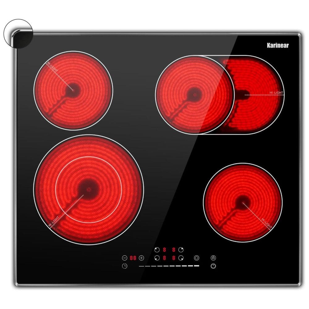 Cooktop Elétrico Karinear 4 Bocas 60cm, Cooktop Cerâmico Embutido com Vidro de Proteção e Moldura Metálica, Queimadores Expansíveis