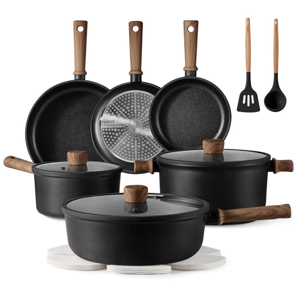 Jogo de Utensílios de Cozinha CAROTE Antiaderente, 16 Peças, Panelas e Frigideiras para Indução, Livres de PFOS e PFOA, Pretas