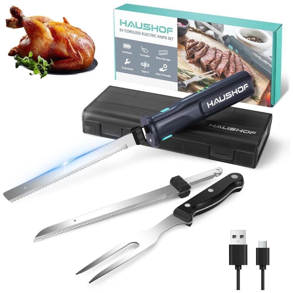 Conjunto de Facas Elétricas Sem Fio HAUSHOF 8V para Cortar Carnes, Peixes e Pães, Cortador de Carnes Recarregável com Lâminas de Aço