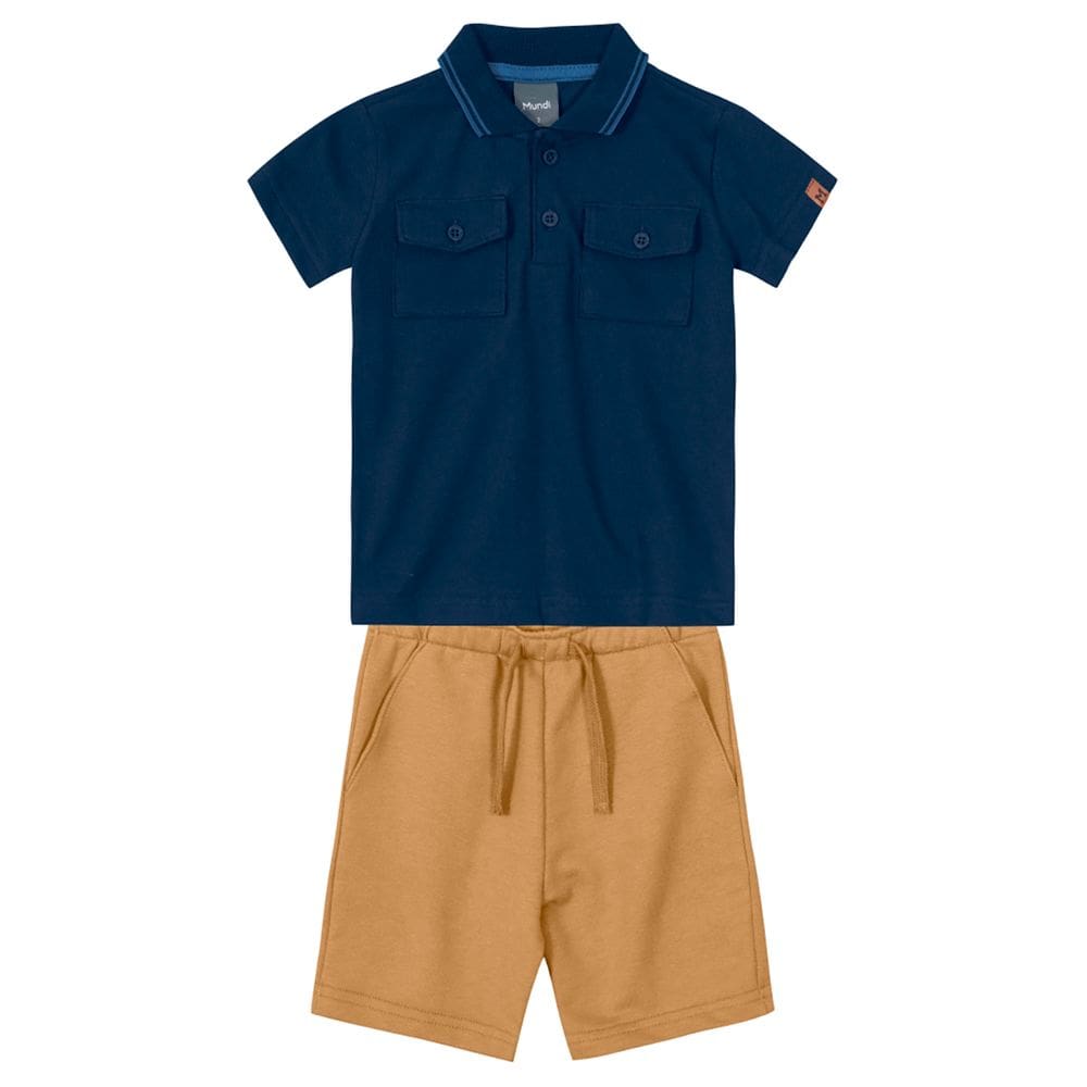 Conjunto Polo Infantil Menino Com Bolsos Azul Mundi
