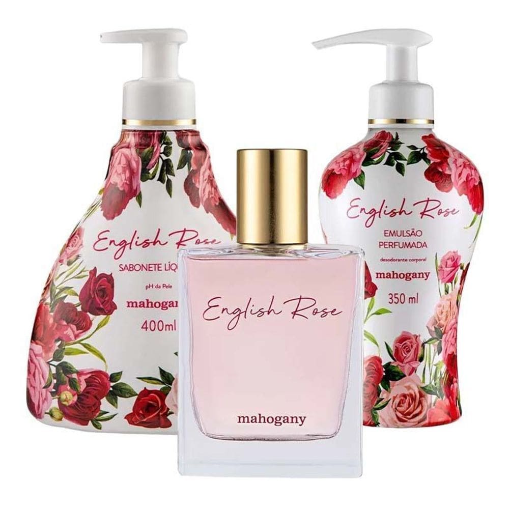 KIT Fragrância English Rose + Hidratante + Sabonete Líquido Mahogany 400ml