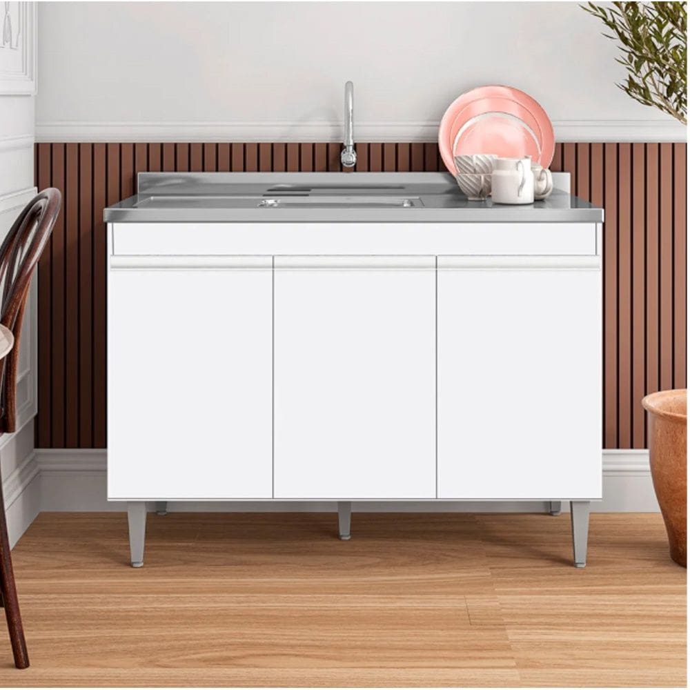 Balcão Manu com Pia e Cuba GhelPlus 120cm Branco AJL Móveis