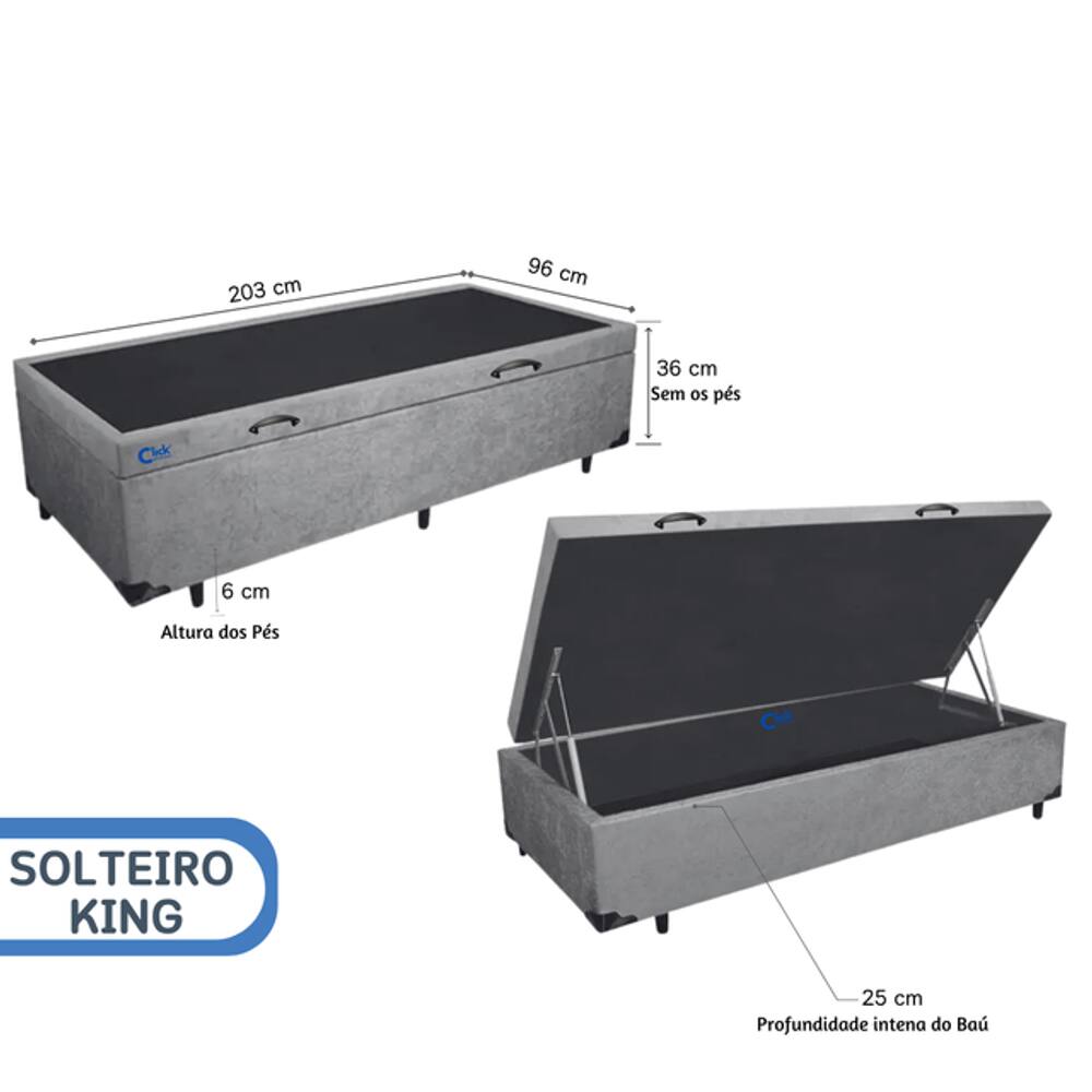 Cama Box Baú Solteiro King Blindado AL 96x203x42 - Suede -  Maior espaço - Medida Especial