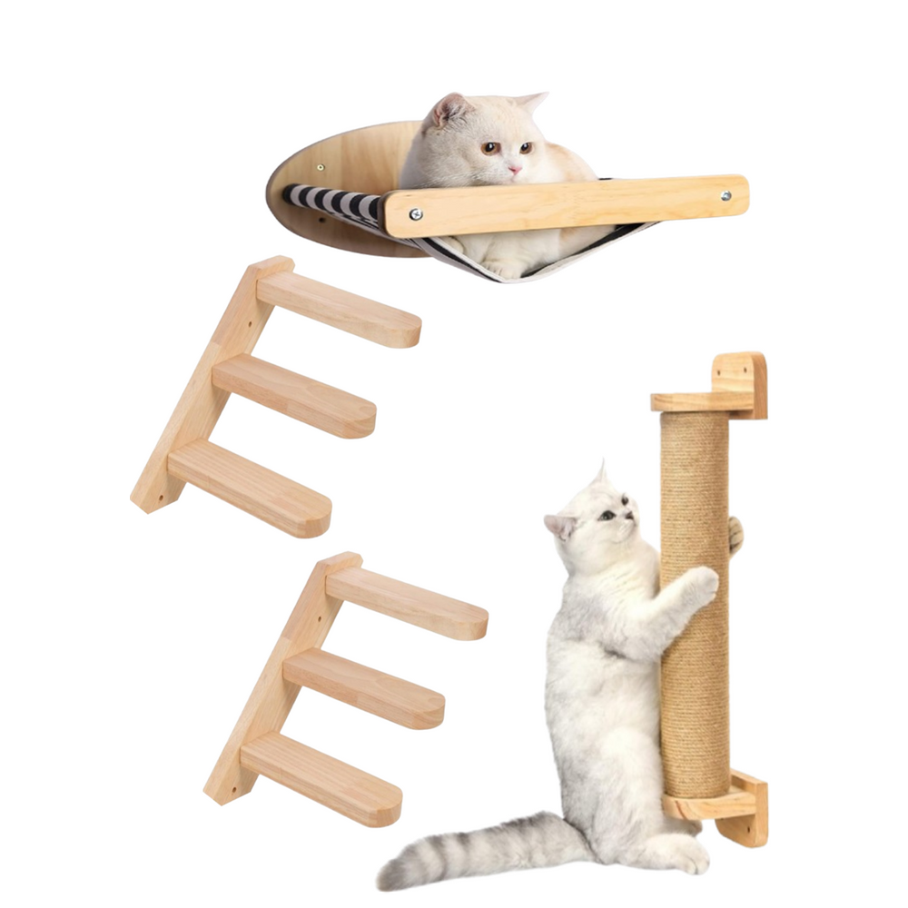 Conjunto cama para gato + 2 escadas + arranhador parede