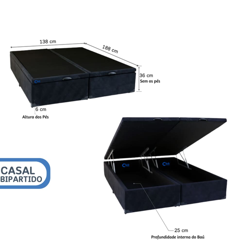 Cama Box Baú Casal Bipartido Blindado 138x188x42 Suede Perfeita para Apartamentos  Transporte Fácil