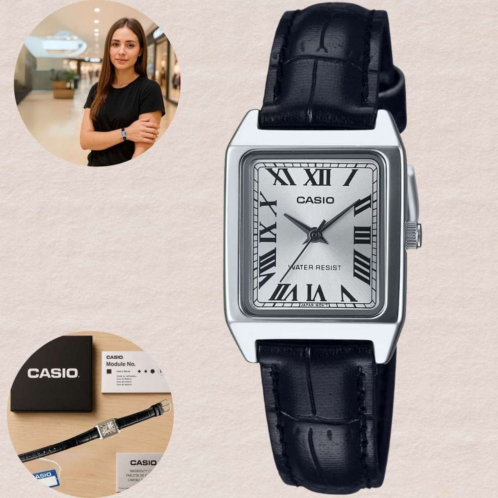 Relógio Casio LTP-V007L-7B1 Feminino Quadrado Analógico Quartzo Caixa Prateada Pulseira Couro Clássico Casual Elegante Prova D`água 3 ATM