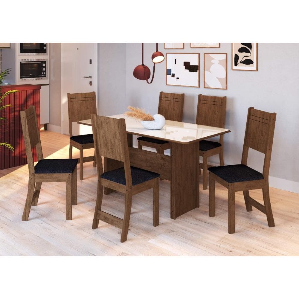 Conjunto Sala de Jantar Fidelitá Atenas 150cm Com 6 Cadeiras Noce/Off-White Assento Preto