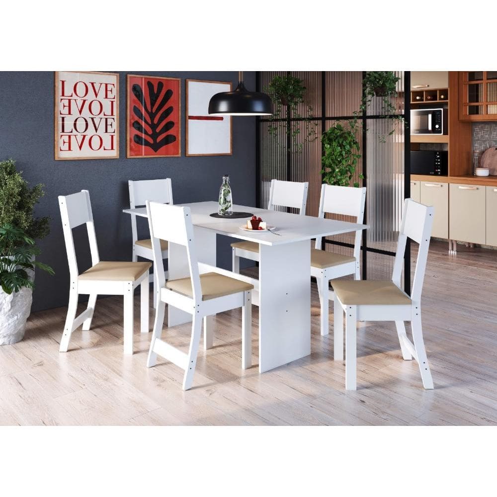 Conjunto Sala De Jantar Fidelitá Siena Com 6 Cadeiras Branco Assento Bege