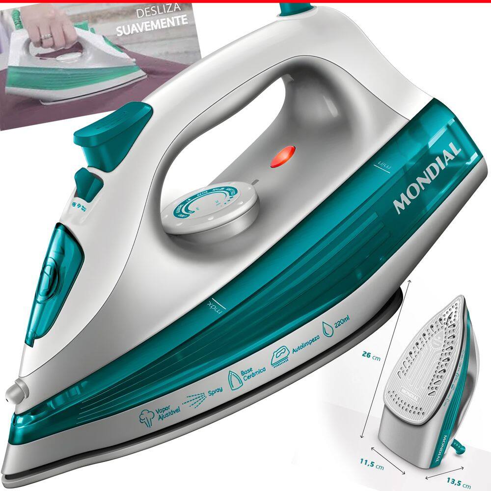 Ferro De Passar Roupa Mondial A Vapor 1200w FVN01G Antiaderente CERAMIC BRANCO/VERDE