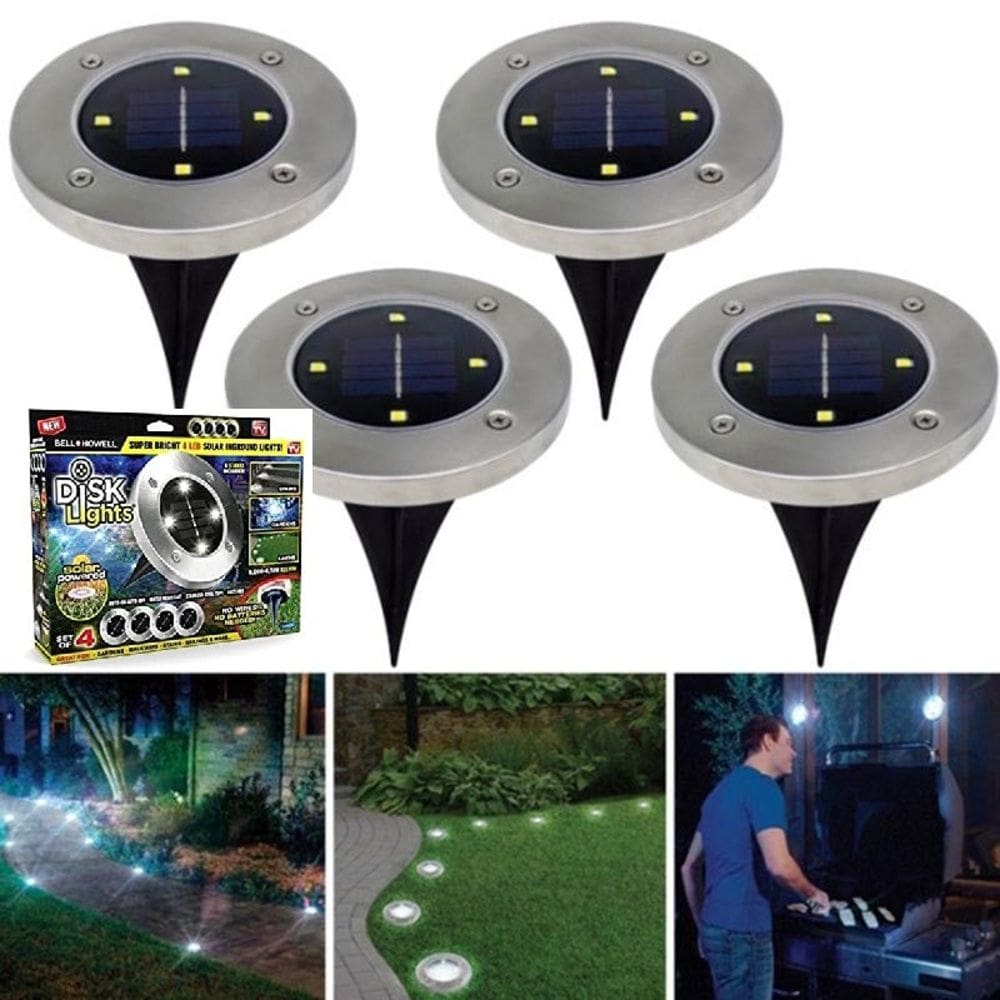 Kit 4 Luminárias Solares 8 LEDs Inox com Espeto Jardim