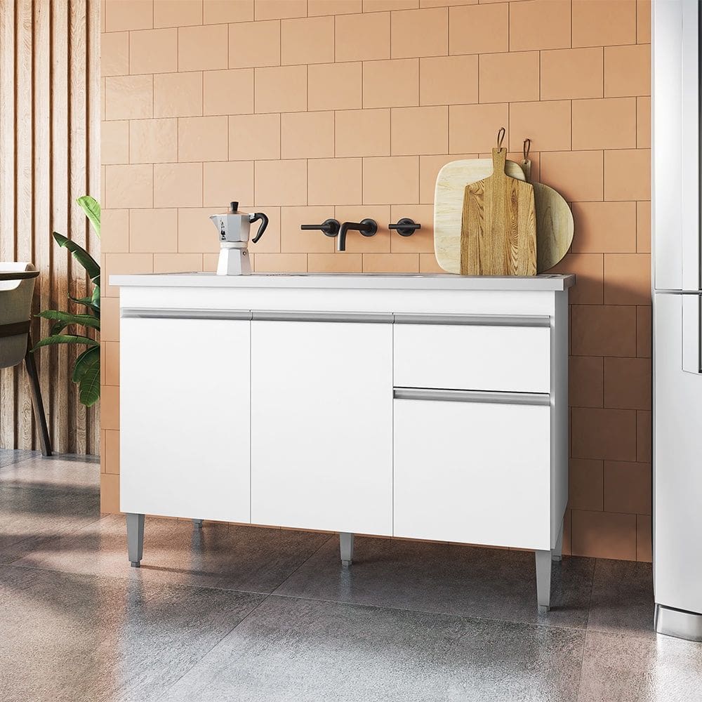 Balcão Tatiane com Pia e Cuba GhelPlus 120cm Branco AJL Móveis