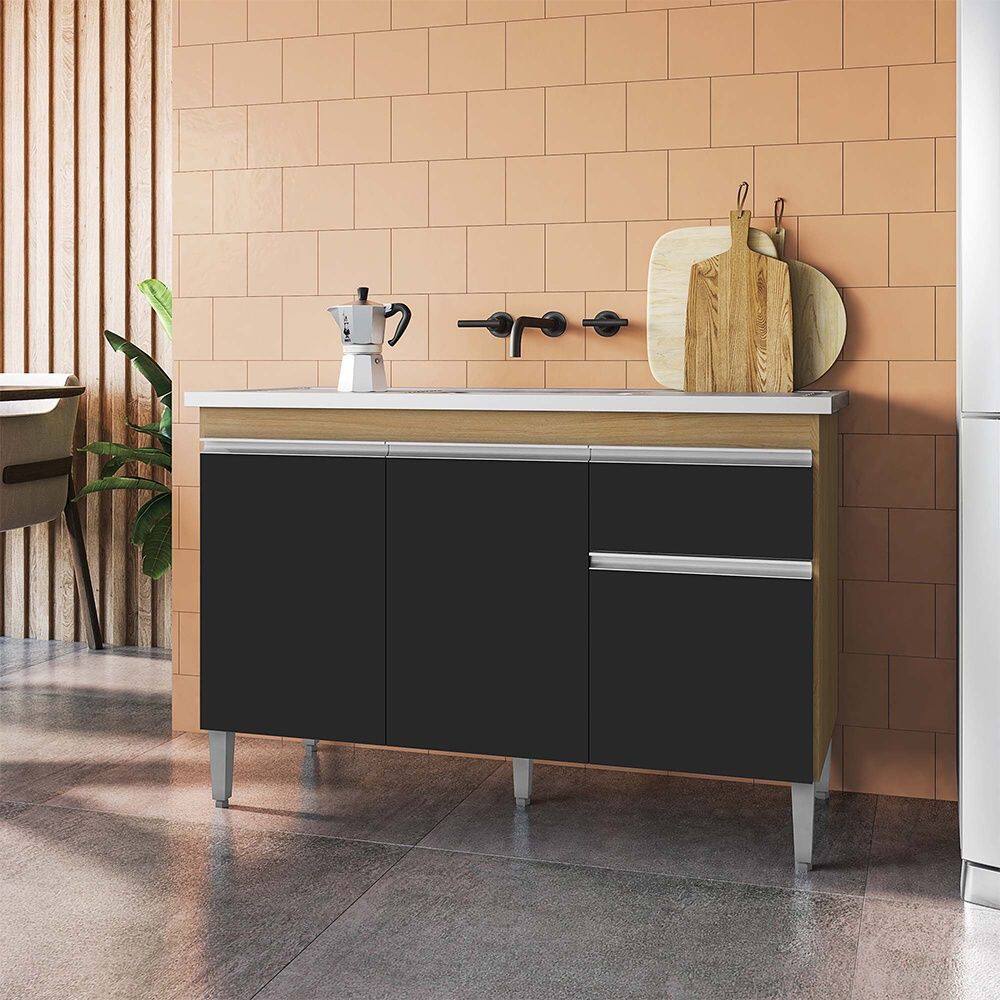 Balcão Tatiane com Pia e Cuba GhelPlus 120cm Amêndoa Preto AJL Móveis