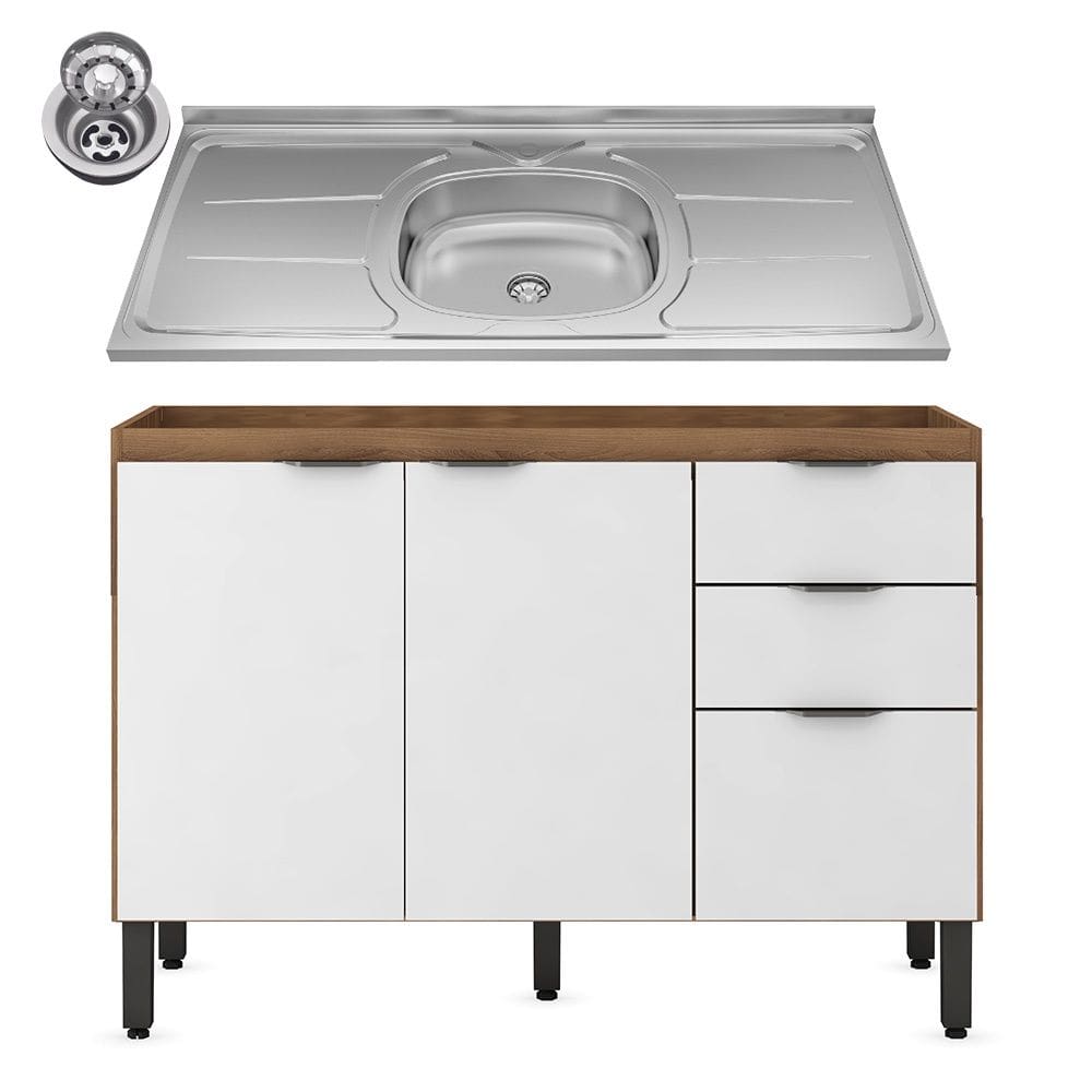Balcão Firenze com Pia e Cuba GhelPlus 120cm 02 Portas 02 Gavetas Amêndola Touch Branco Demóbile