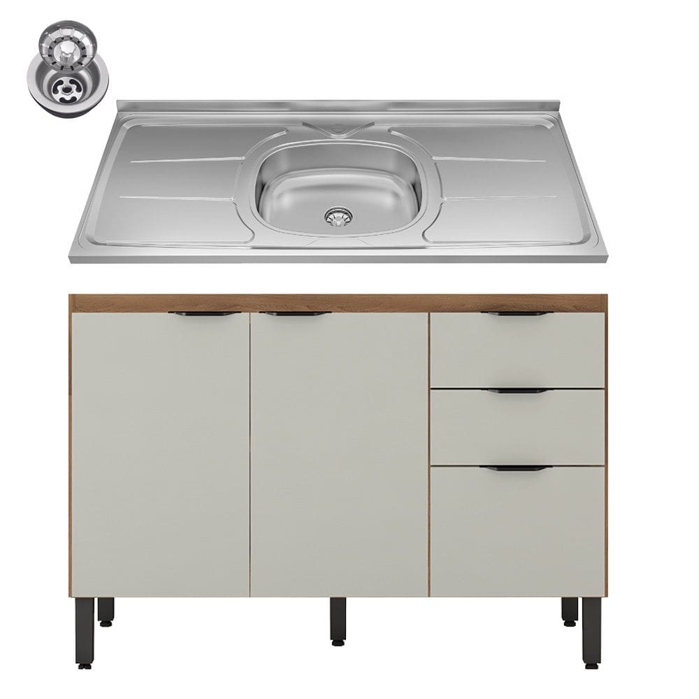 Balcão Firenze com Pia e Cuba GhelPlus 120cm 02 Portas 02 Gavetas Amêndola Touch Nude Prime TX Demóbile