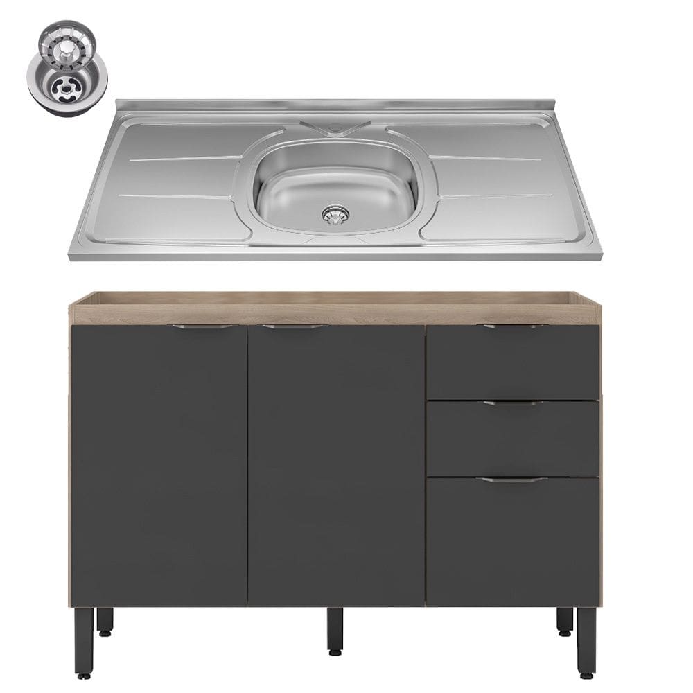 Balcão Firenze com Pia e Cuba GhelPlus 120cm 02 Portas 02 Gavetas Avena Touch Grafito Demóbile