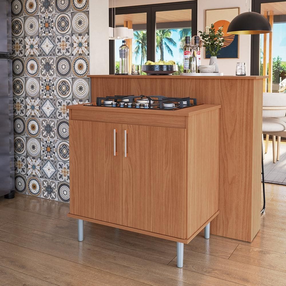Kit Bancada Ilha para Cozinha + Balcão Para Cooktop 0,80m 5 Bocas 2 Portas Turim